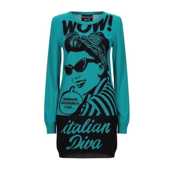 New! BOUTIQUE MOSCHINO Logo Italian Diva Pop Art Colorblock Knit Sweater Dress - Picture 2 of 7